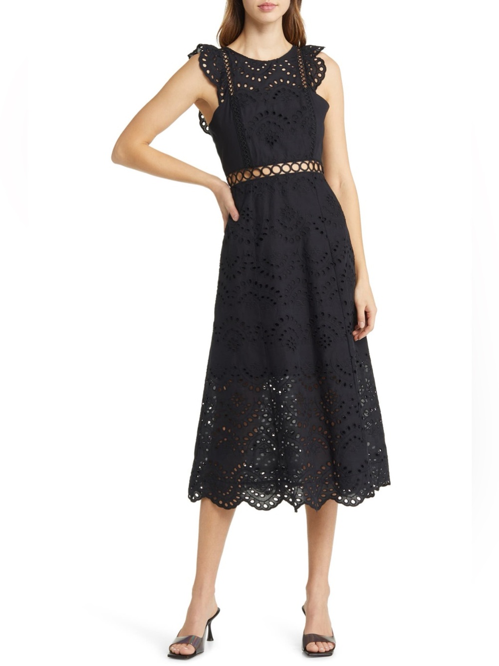 Sam Edelman Black Eyelet Midi Dress with Cutout Waist